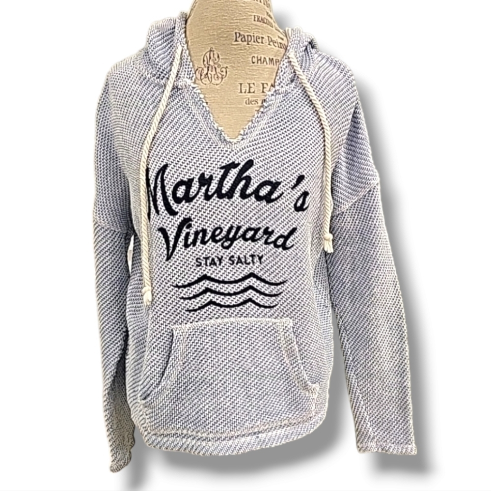 Ocean Drive Blue and White Martha's Vineyard Hooded Pullover - Size Small